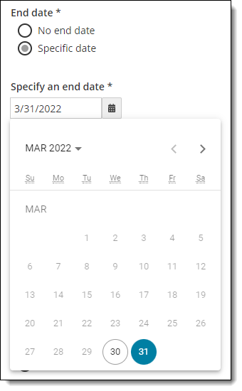 Select specific end date for unavailability rule.